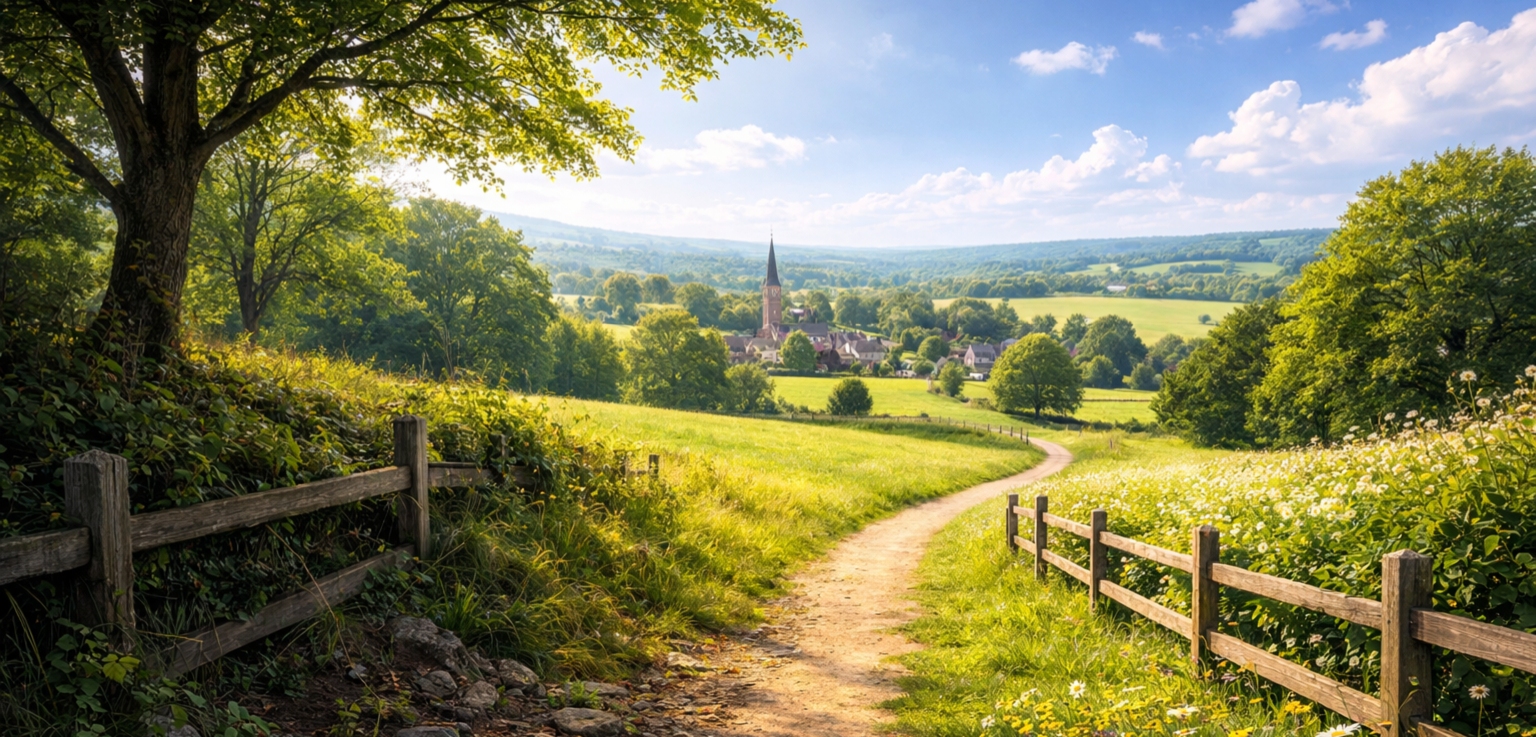 A bright countryside path leading toward a village across green fields.